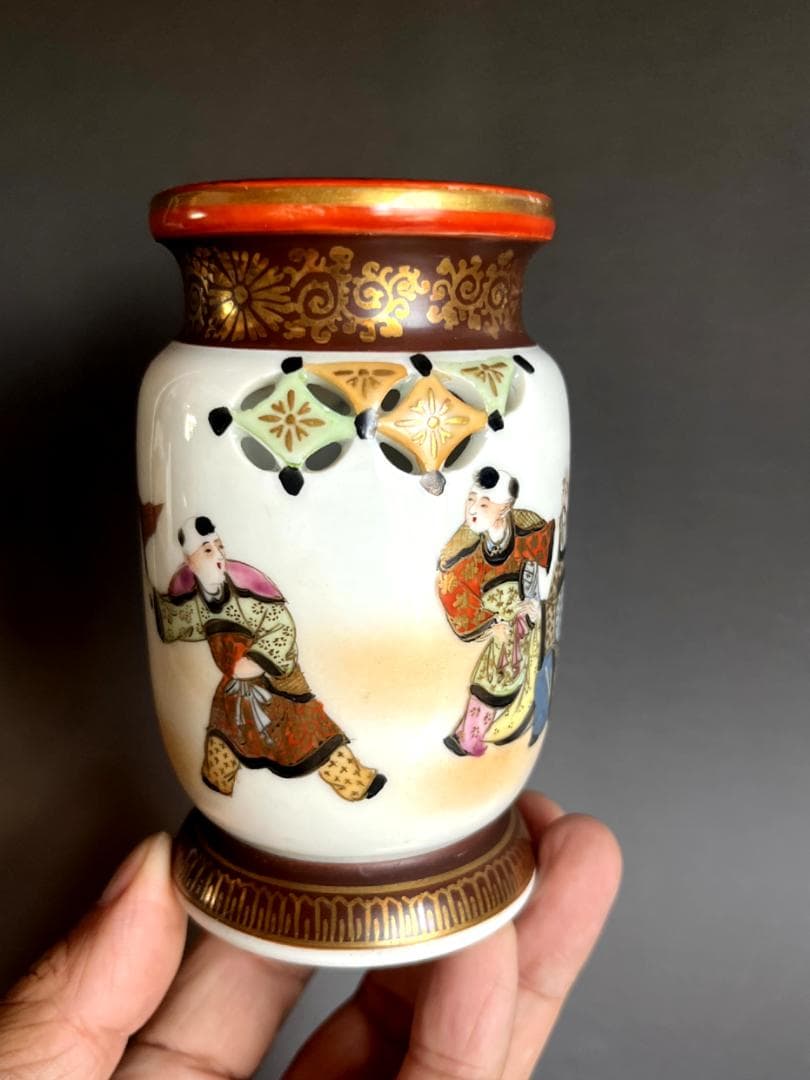 筆立■古九谷焼 透かし物絵筆立 書道道具 唐人 行事 古美術 時代物 骨董品■