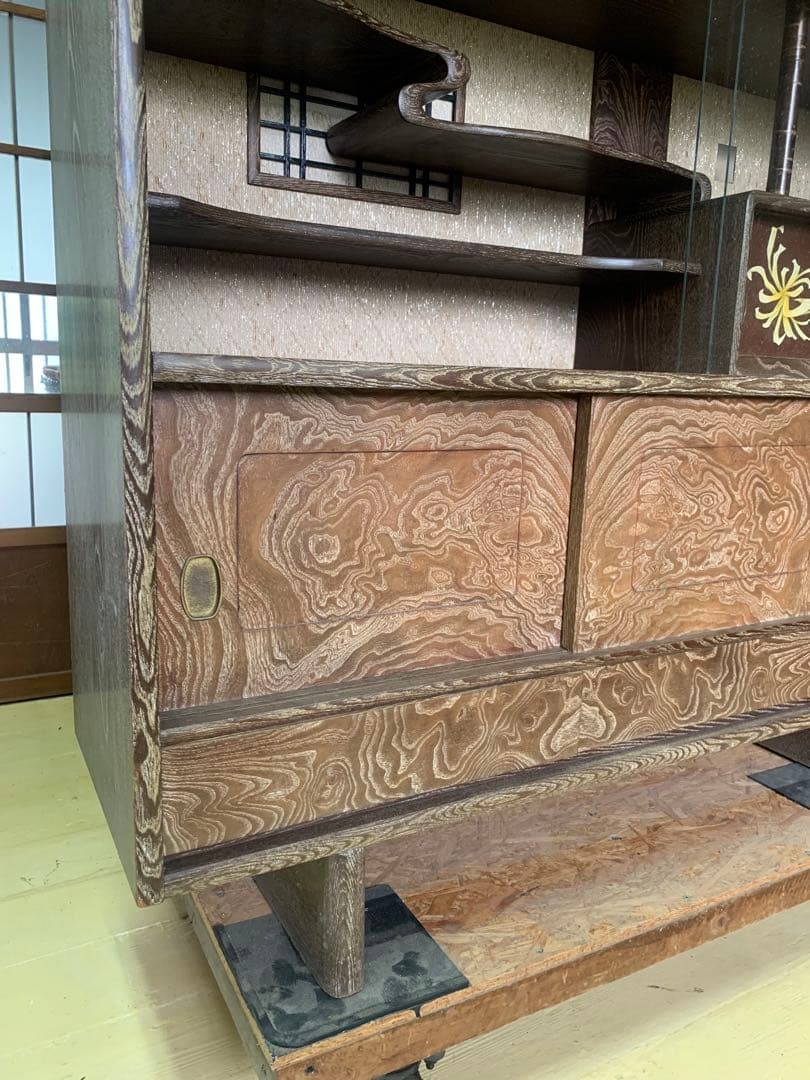 しい木目の昭和レトロ茶箪笥　和家具　木製　一体型