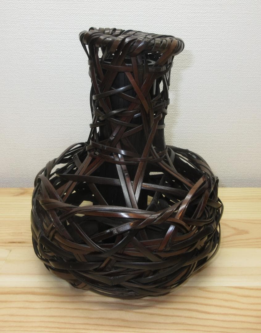 送料込【逢絢亭】茶道具 花籠 鶴首籠 染竹 竹製の入子 木製 作家物 紙箱入り