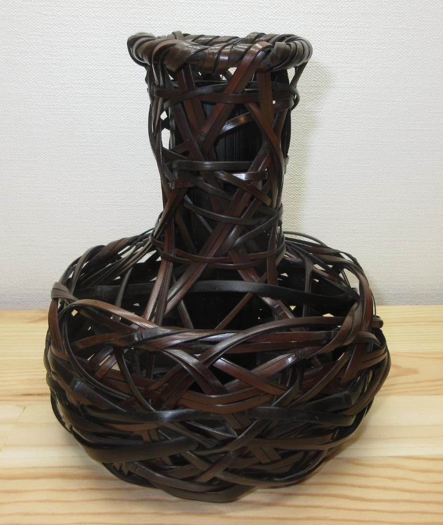 送料込【逢絢亭】茶道具 花籠 鶴首籠 染竹 竹製の入子 木製 作家物 紙箱入り