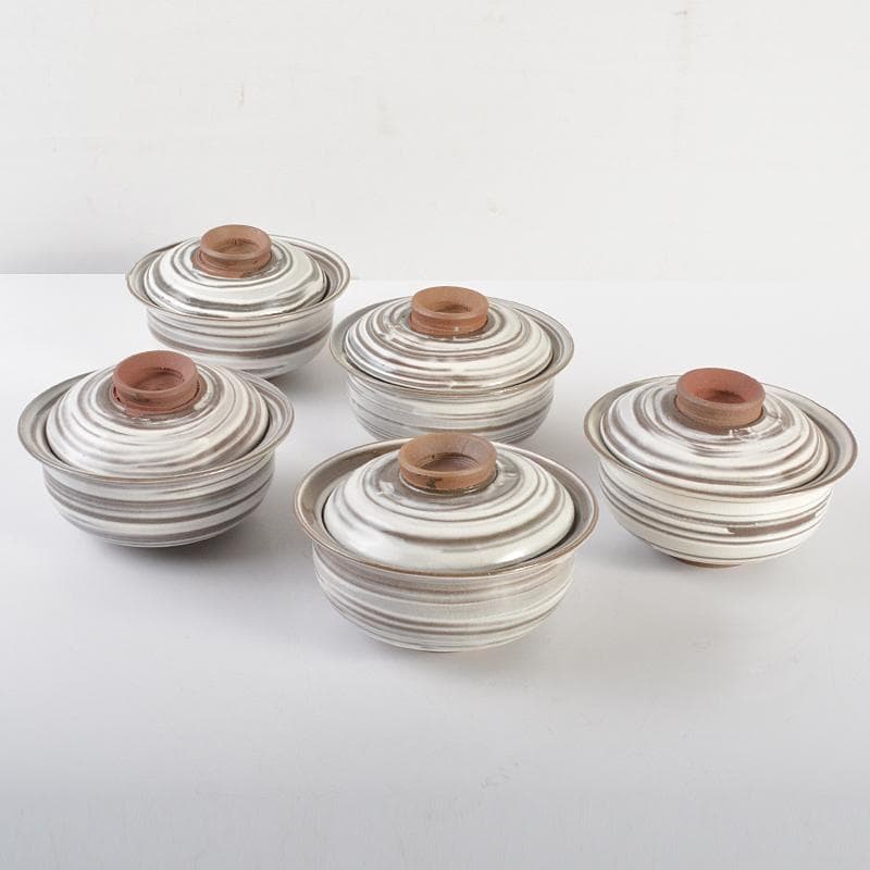 和食器　京焼　浅見五郎助　刷毛目　蓋向付　五客　共箱　V　R6729B