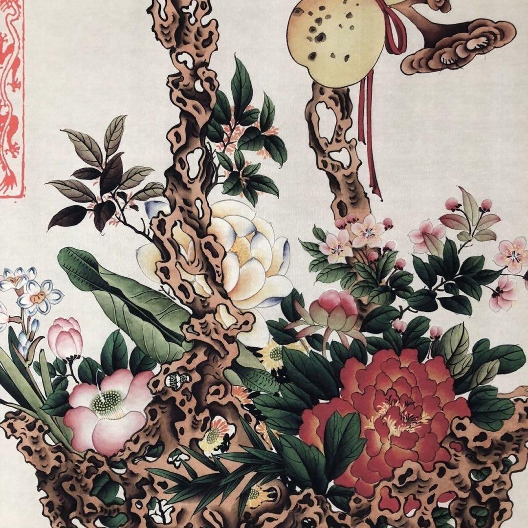 三尺中堂 中国伝統 宮廷花卉図 慈溪宮花図 掛け軸 紙本・表装済み