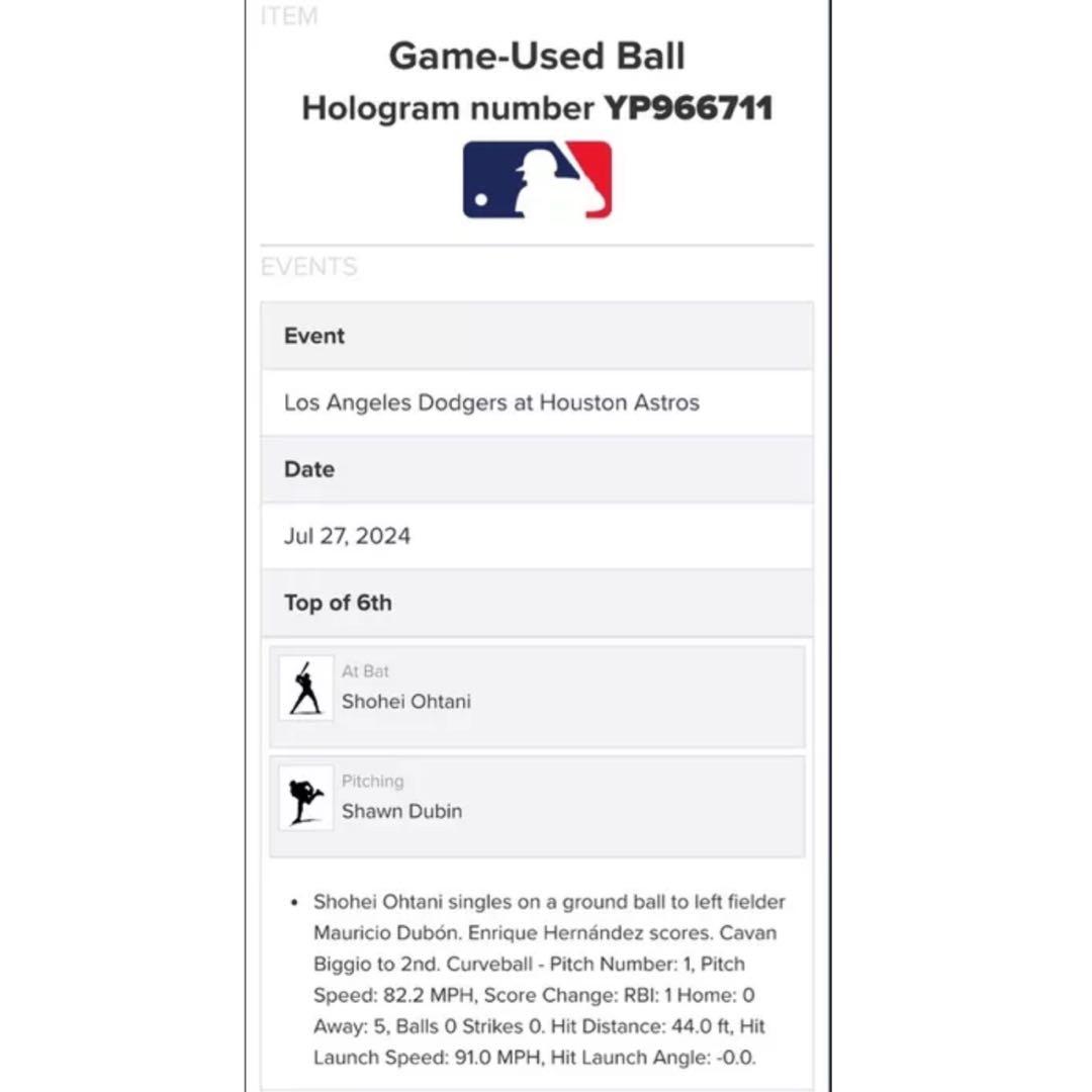 ドジャース 大谷翔平 2024年7月27日 実使用ボール vs ヒット ＋ 打点