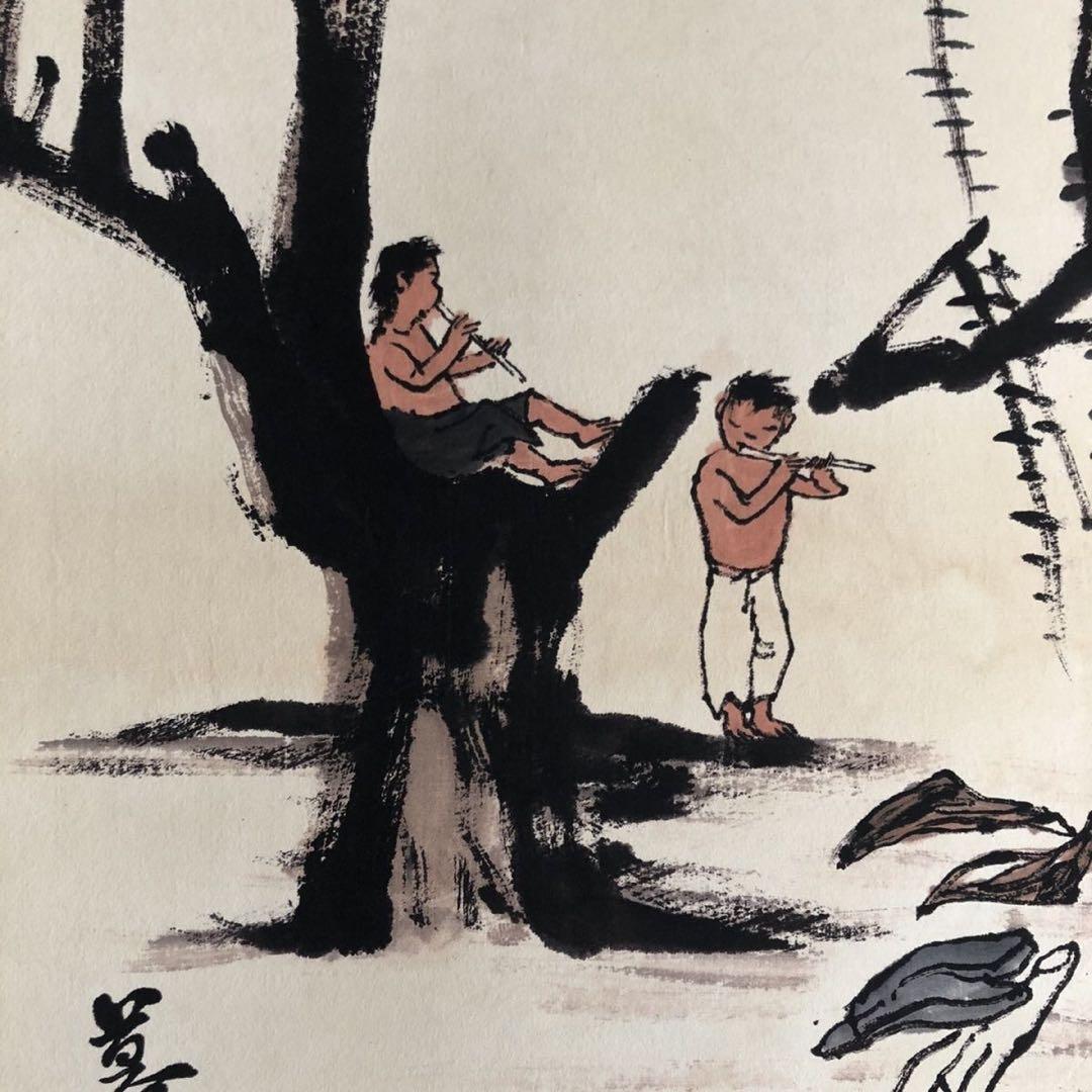 李可染《江南牧牛》　四条屏　掛軸　中国名人書画　山水人物画　壁掛け装飾
