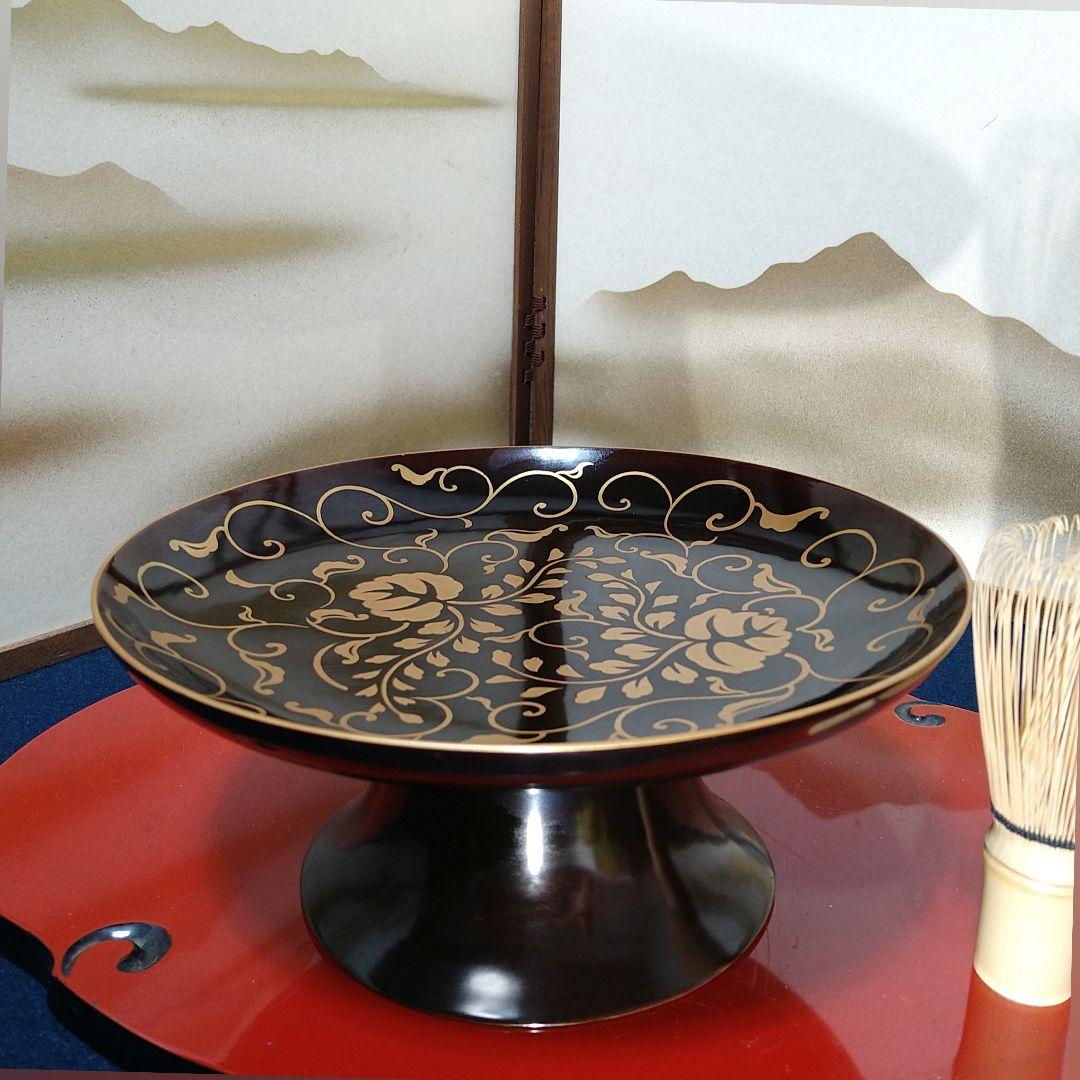 AH41 輪島塗菓子器 足付菓子器 脚付菓子器 高足唐草蒔絵蔦図 菓子盛 茶道具