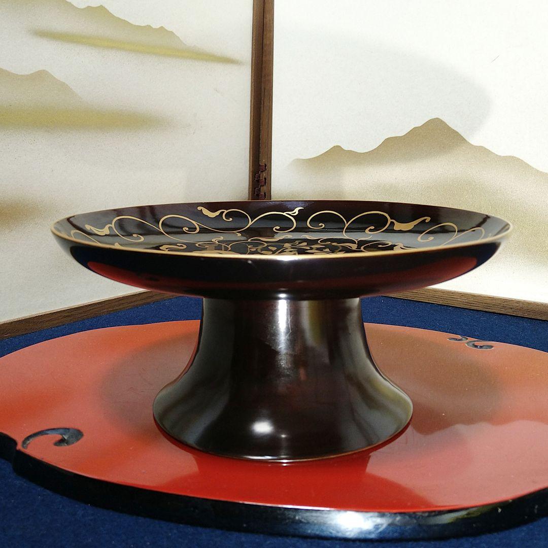 AH41 輪島塗菓子器 足付菓子器 脚付菓子器 高足唐草蒔絵蔦図 菓子盛 茶道具