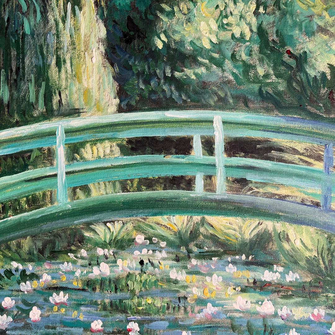 ★秀作★ 手書き油絵 クロード・モネ 睡蓮 日本の橋 額付 肉筆絵画 油彩画