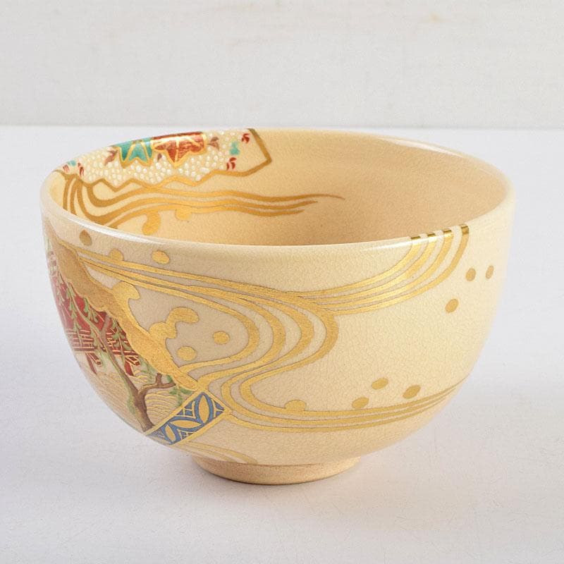 茶道具　京焼　森里陶楽造　色絵金彩　扇流絵　茶碗　共箱　C　8905