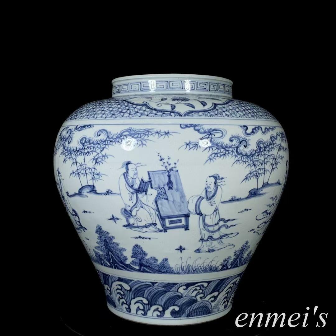 中国古美術✦明代正統期青花琴棋書画紋缶✦人物風景写意缶・文房具・純手描き・陶芸