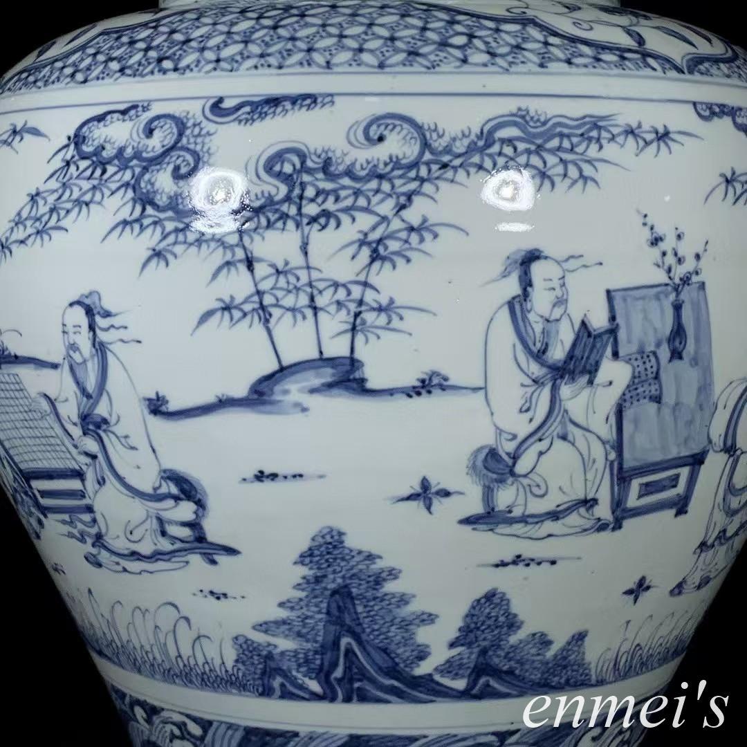 中国古美術✦明代正統期青花琴棋書画紋缶✦人物風景写意缶・文房具・純手描き・陶芸