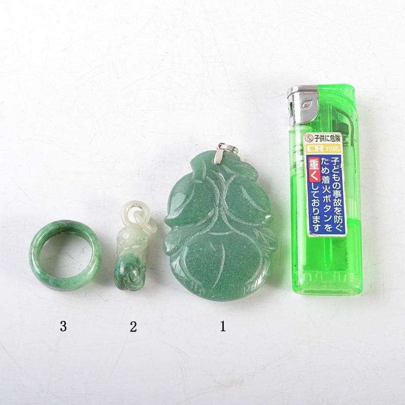 中国　玉石翡翠玉彫刻　ペンダントトップ　根付　リング　3点　V　R6113