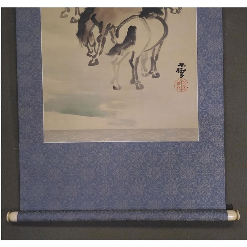 古い掛軸 鹿子木孟郎 不倒 馬の図 絹本竪幅 合わせ箱 日本画 j31