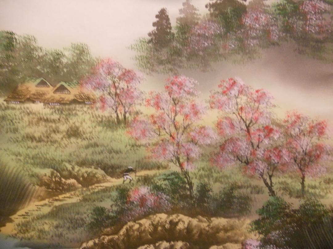 掛け軸 万峰 作 春山水 絹本 希少 軸装 茶道具 掛軸 美品 です。