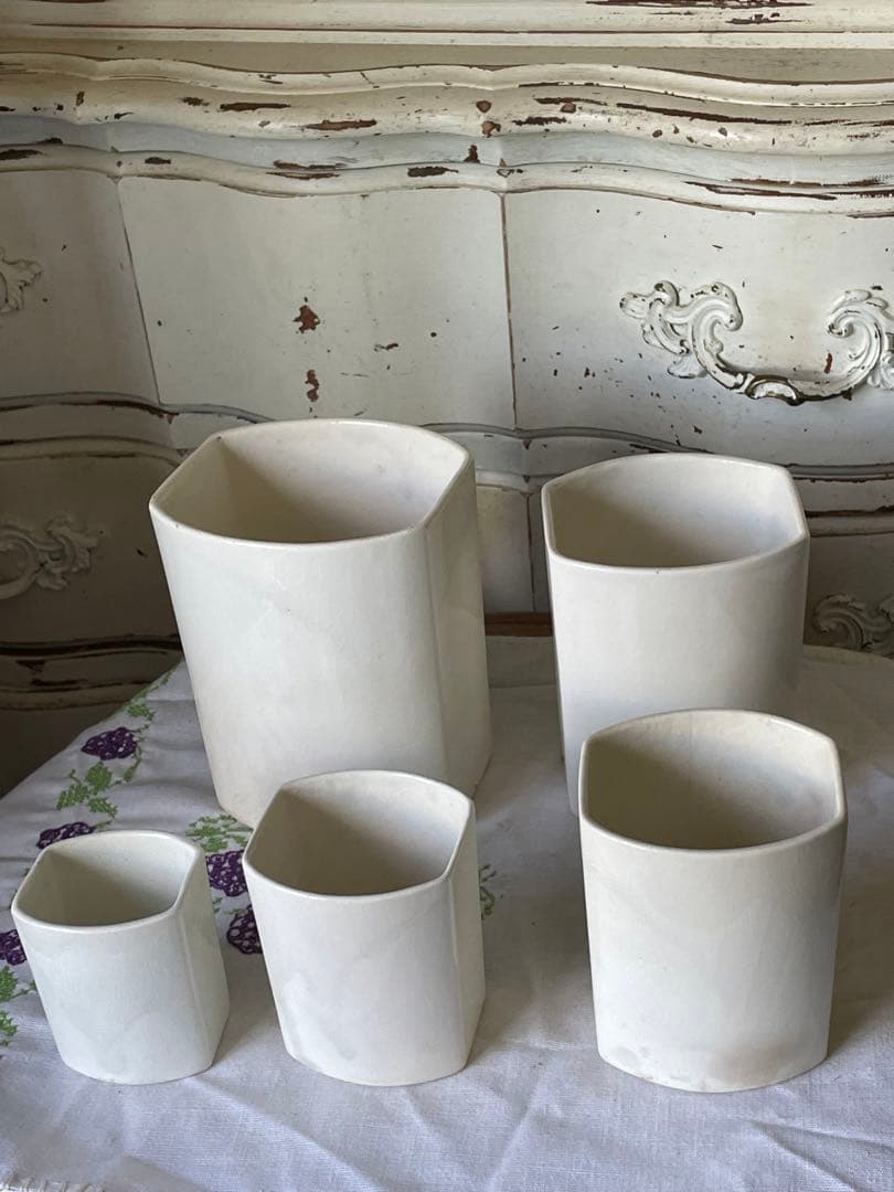 フランス　アンティーク 陶器キャニスター　5個　オリーブ色　モス　グリーン　レア