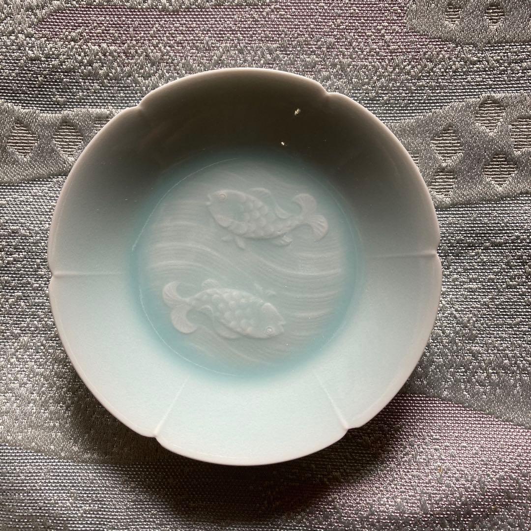 人間国宝重要無形文化財　塚本快示　青白磁銘々皿5客　快山窯　13.3×2.2CM