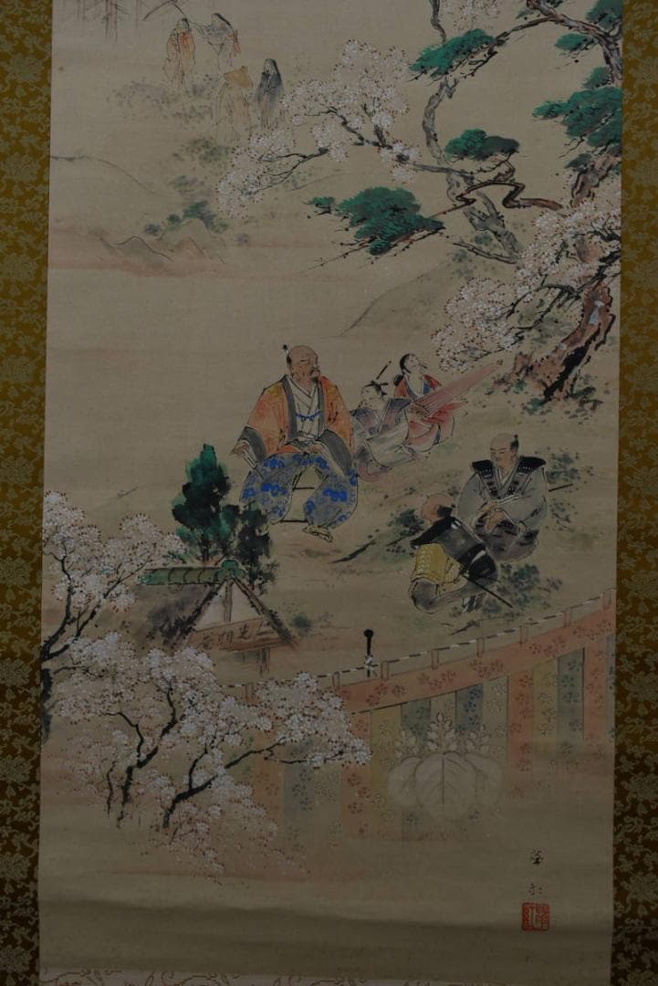 【真作】柳田華紅/豊臣公醍醐の花見図/掛軸☆宝船☆Z-917