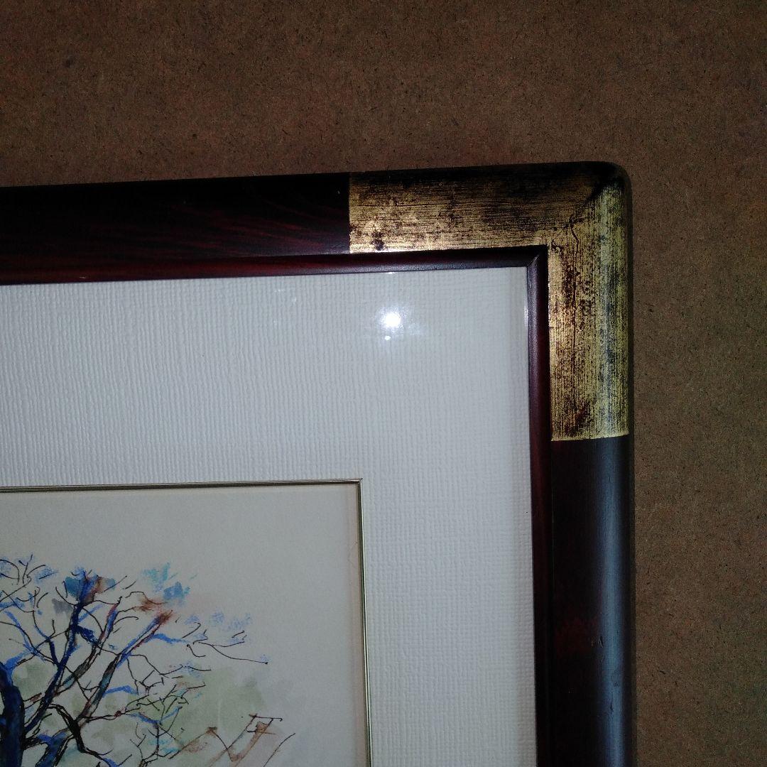 星俊六　水彩画　 青い木の風景 　サイン入り　木製額付き　箱付き