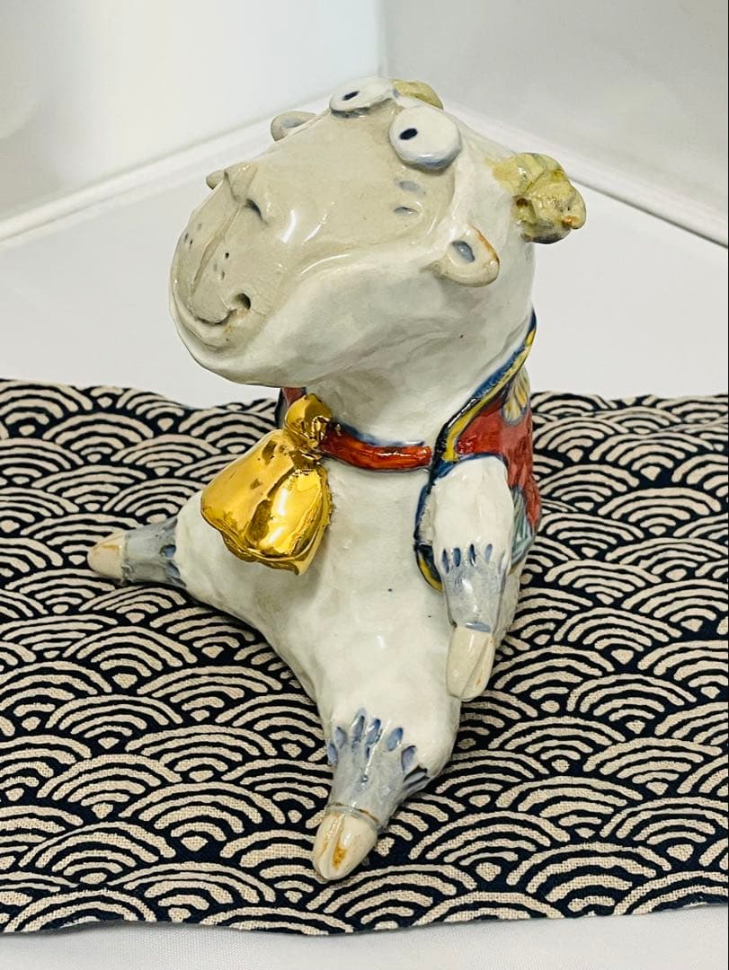 未使用品有田焼　童工房陶器 未の置物 屏風＊マット付き木箱付き