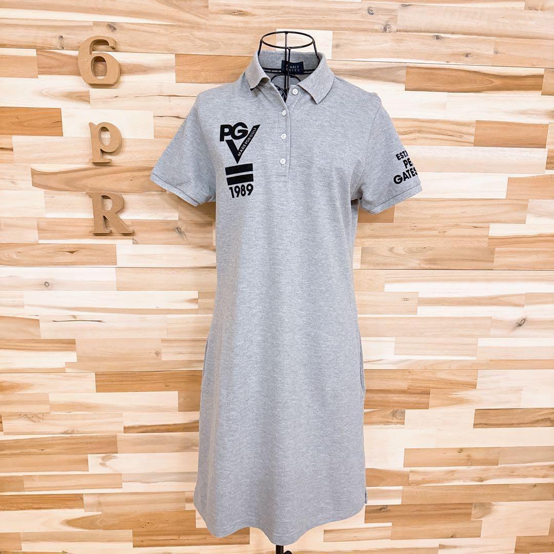 【パーリーゲイツ】フロッキー ロゴ 半袖ポロ ワンピース ゴルフ L グレー×黒