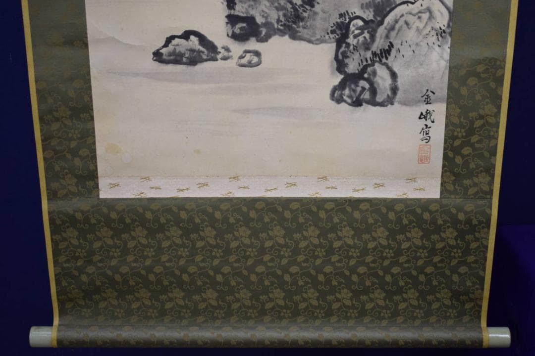 真作/古市金峨/桜花山水図/絹表装/布袋屋掛軸HI-107
