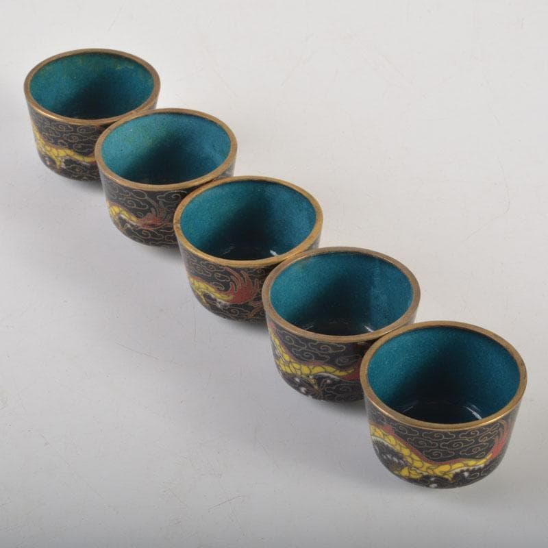 中国　古七宝琺瑯彩　神獣文　盃　五客　C　6713