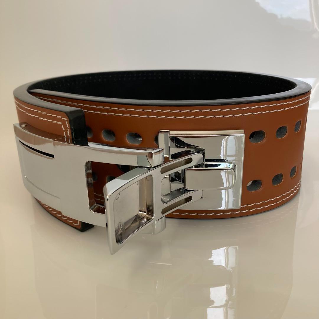 訳アリ パワーベルト レバーアクション 本革 ワンタッチ可変式 茶×光沢シルバー