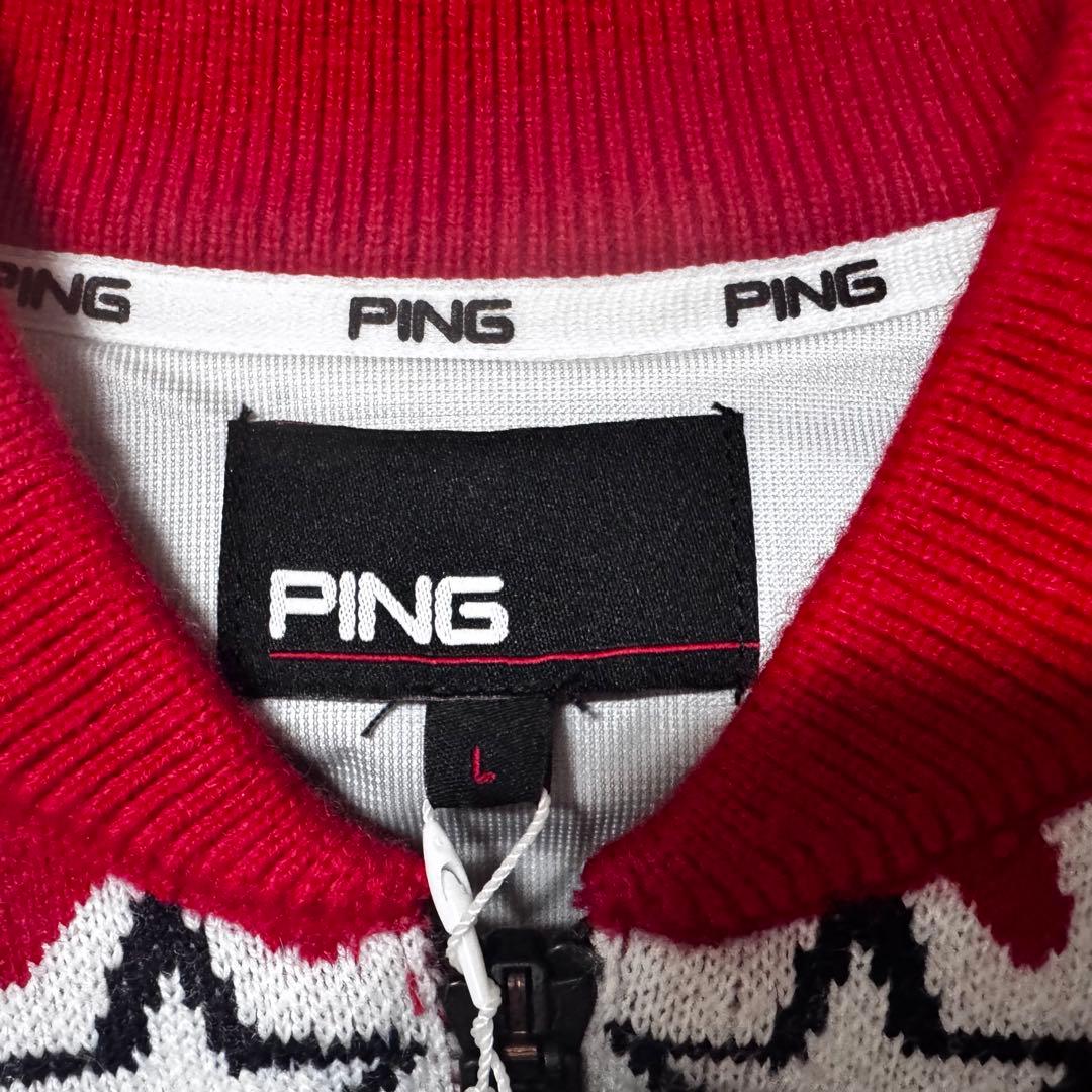【新品】 PING ピン 総柄 星 ウール混 ニット ジャケット レッド L