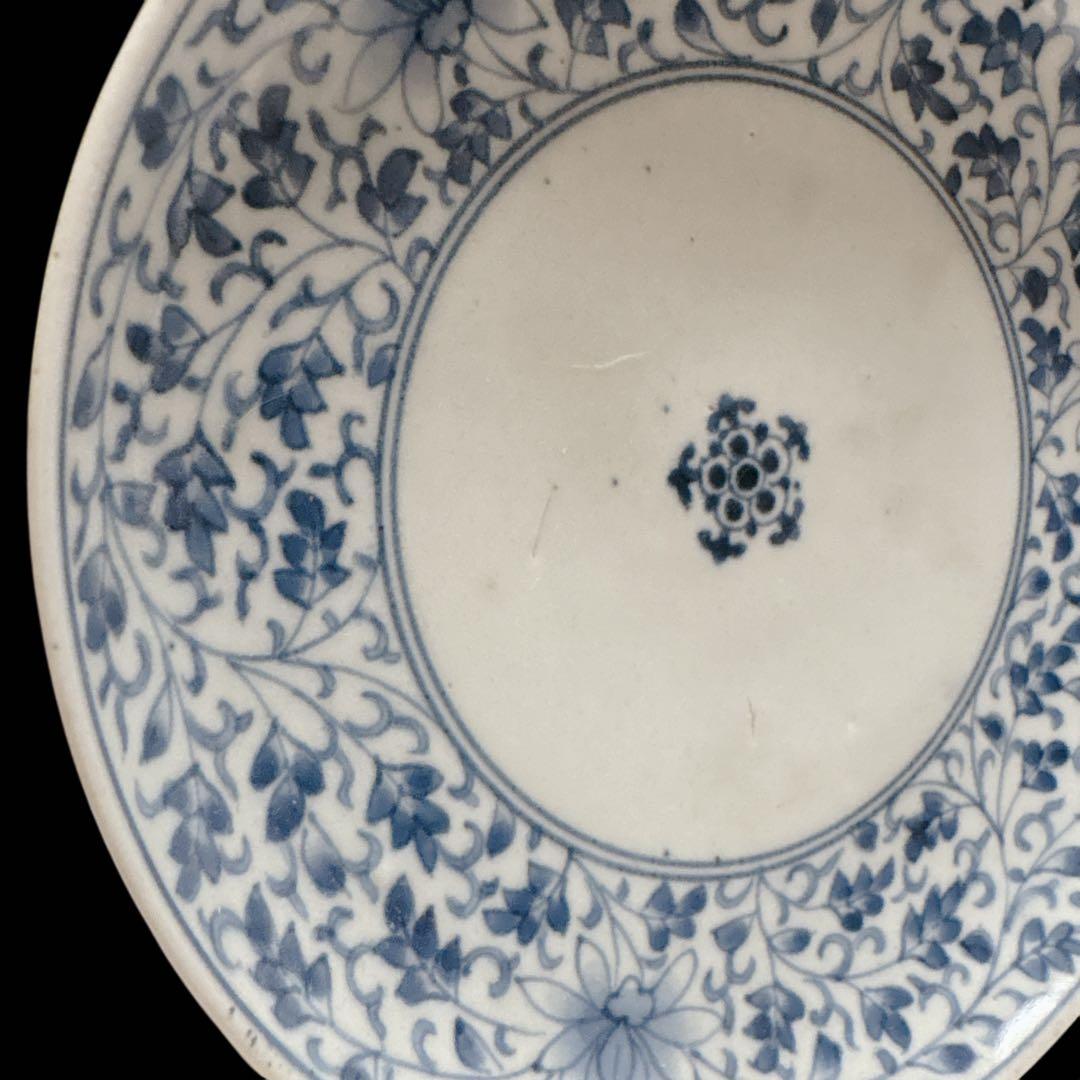 骨董品 アンティーク 渦福銘 花唐草 有田焼 皿 丸皿 染付け 中皿 江戸中期