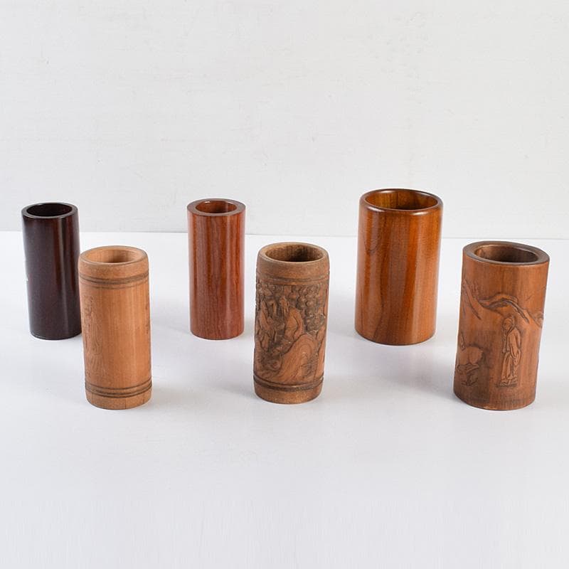 中国　古竹彫刻　山水人物文　螺鈿花文など　筆筒　六点まとめて　M　R7642