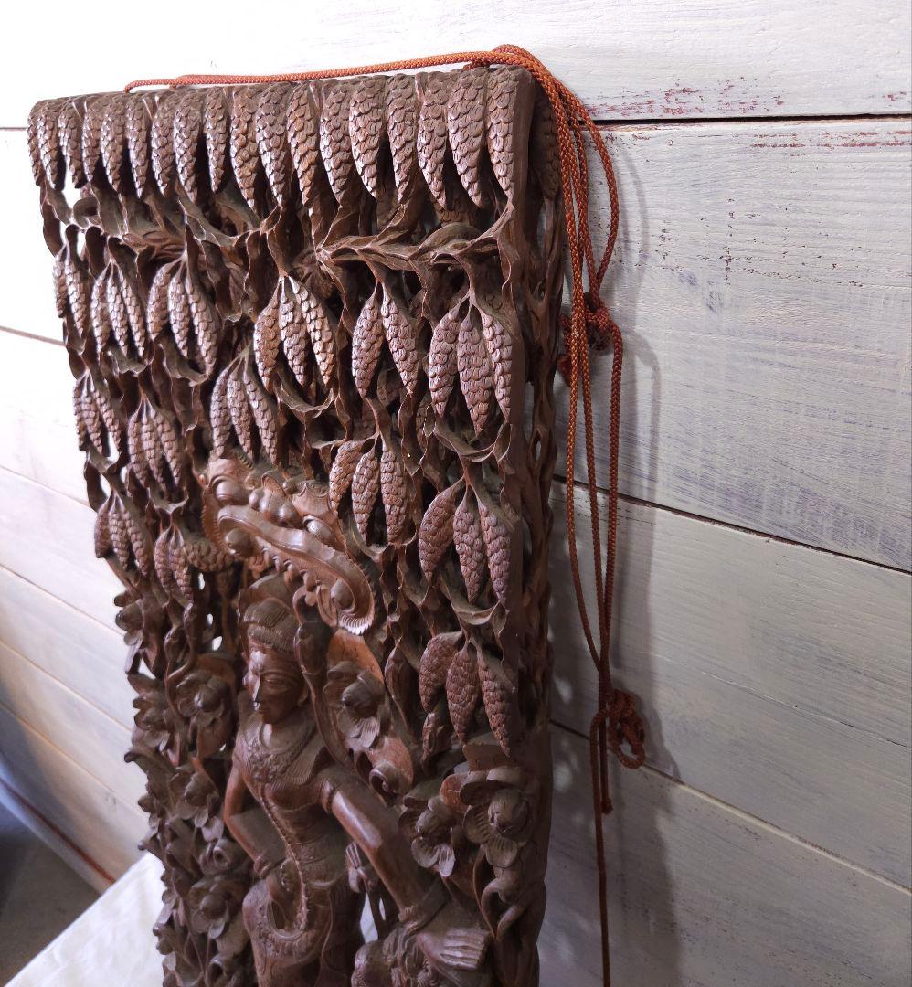 アンティーク インド 木彫りの壁掛け 天然木 木製 無垢材 仏教 古美術 彫刻