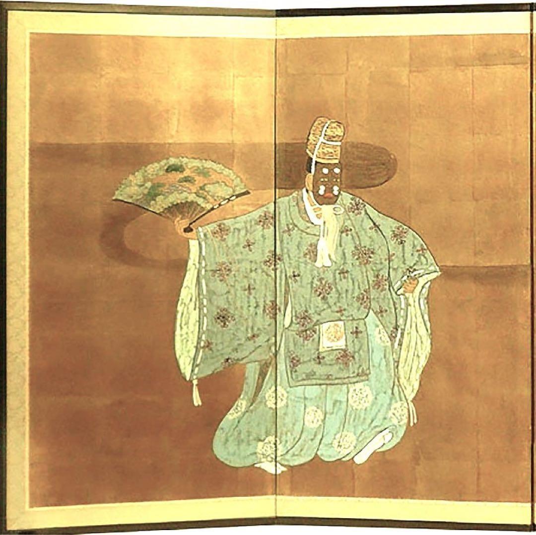 四つ折り屏風　日本画　金箔彩色　能舞い