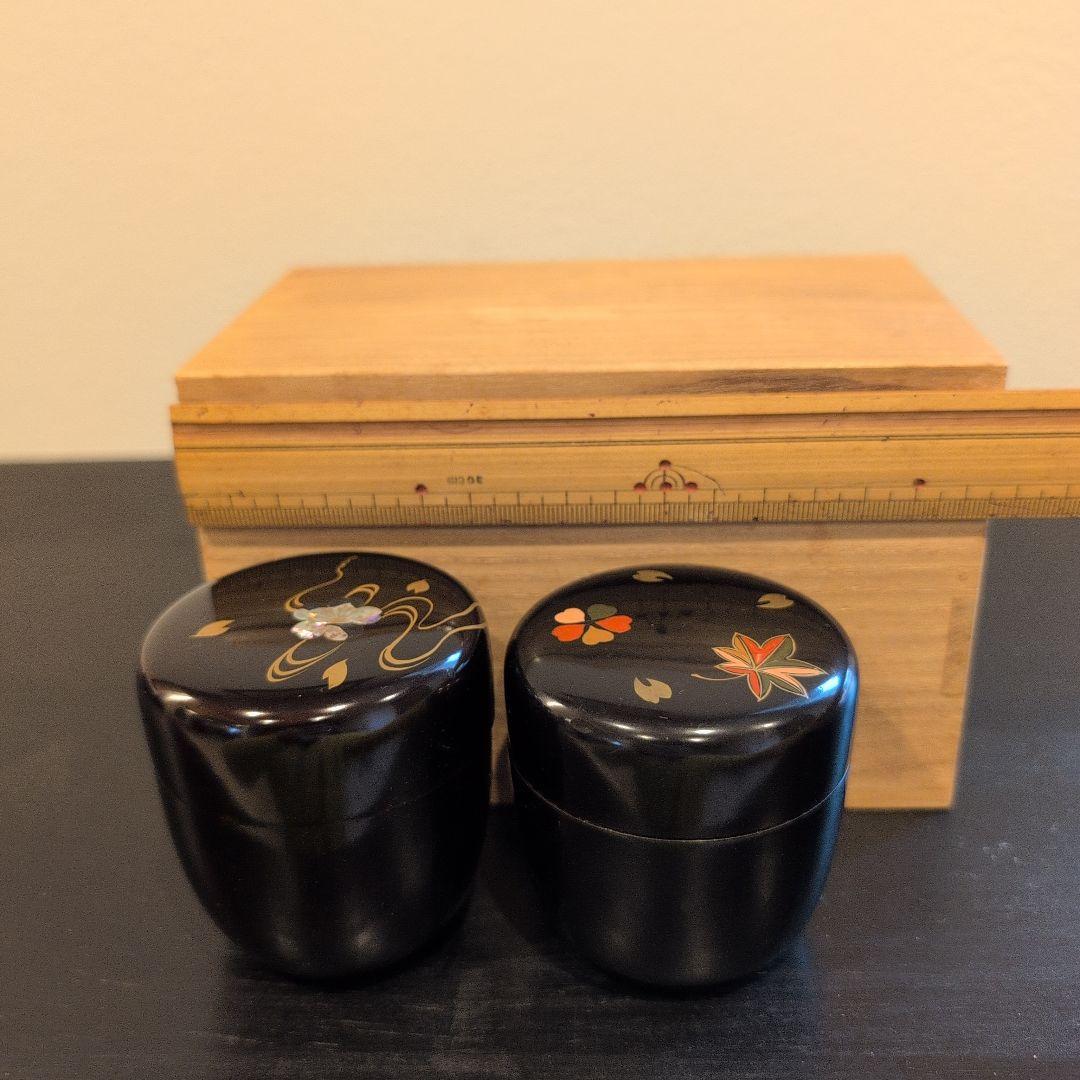 茶道具　桐柾茶通箱　木製漆棗二点　計三点