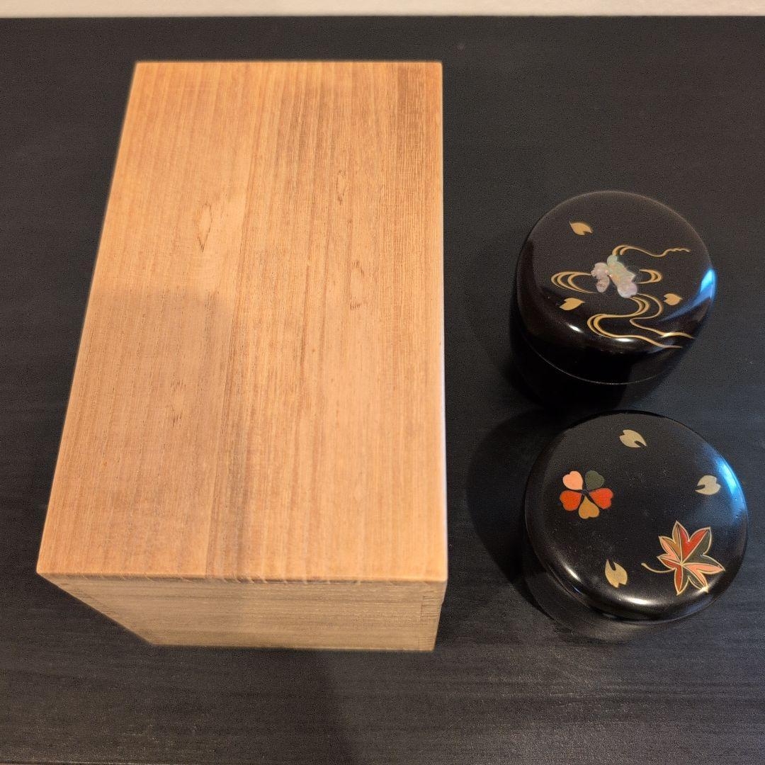 茶道具　桐柾茶通箱　木製漆棗二点　計三点