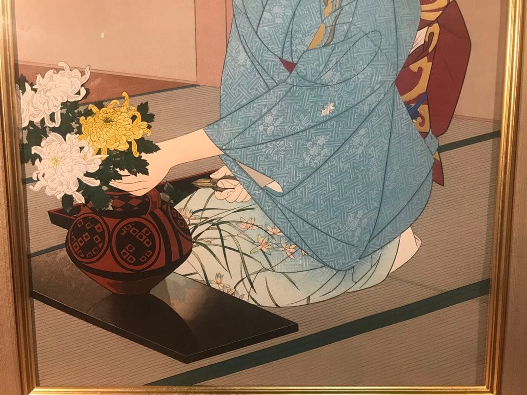 伊東深水　「菊を活ける」　木版画　作品証明シール・摺り工程表有り