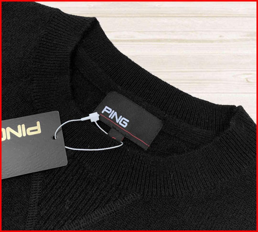 【新品】ピンゴルフニットGOLDラインジャカードカシミヤセータークルーネック黒S