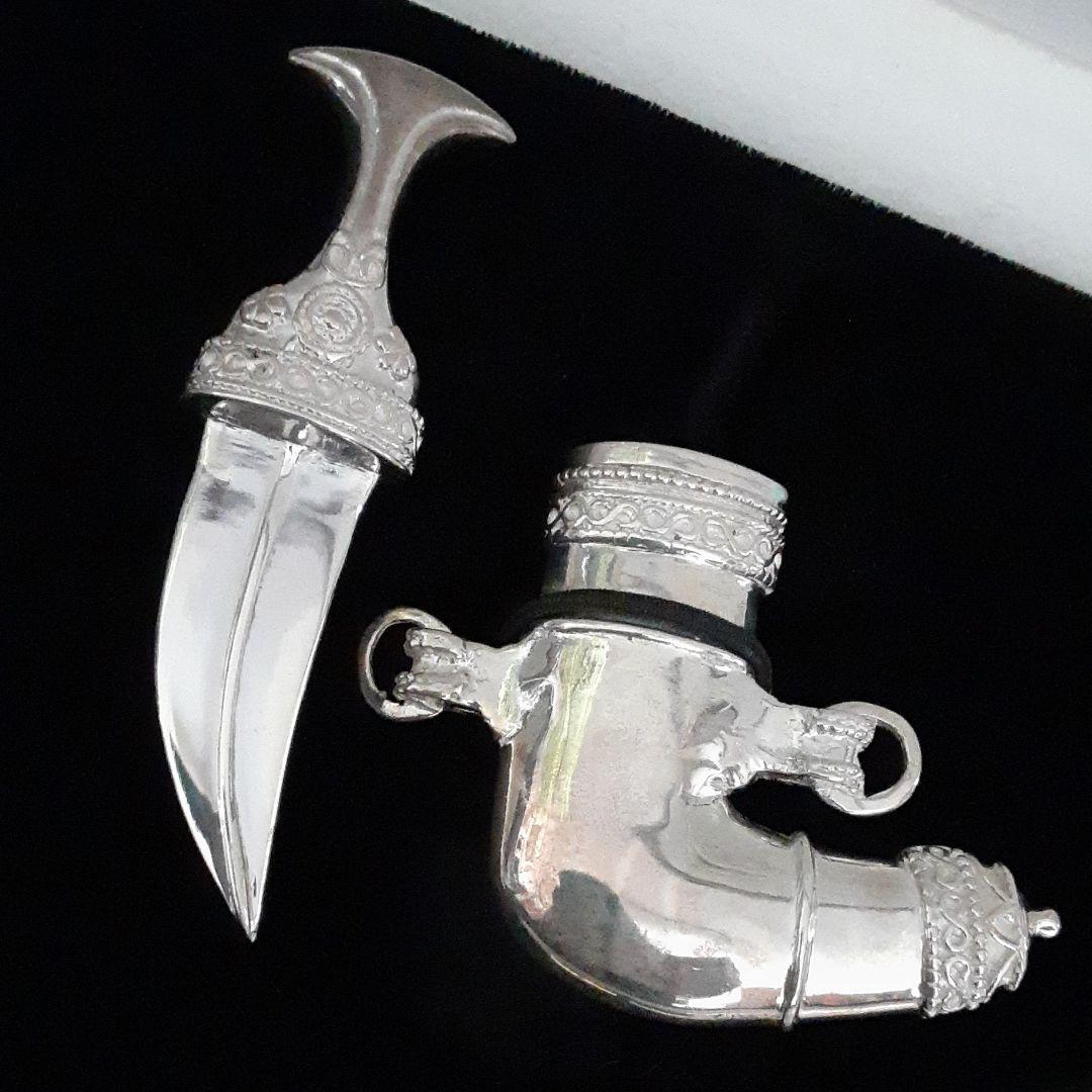 古いオマーン現地製サルタン刀剣/ミニチュア925銀製武具/木箱入中近東民芸細工