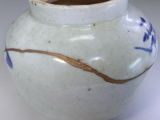 壷■古い李朝染付口広丸壺 砂高台 唐草紋 砂高台 直し有 花器 時代物 骨董品■