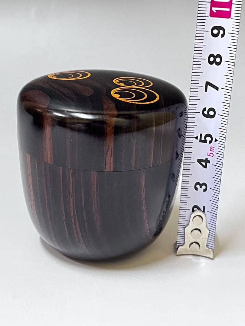 E528 福田芳朗 縞黒檀南天杢象嵌 棗 茶道具 茶器 茶入 共箱 共布