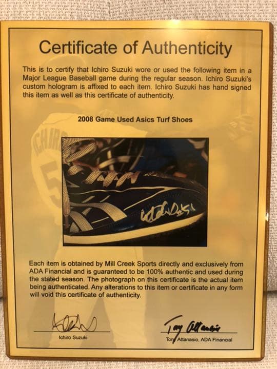マリナーズイチロー選手サイン入り証明書付き実使用シューズ
