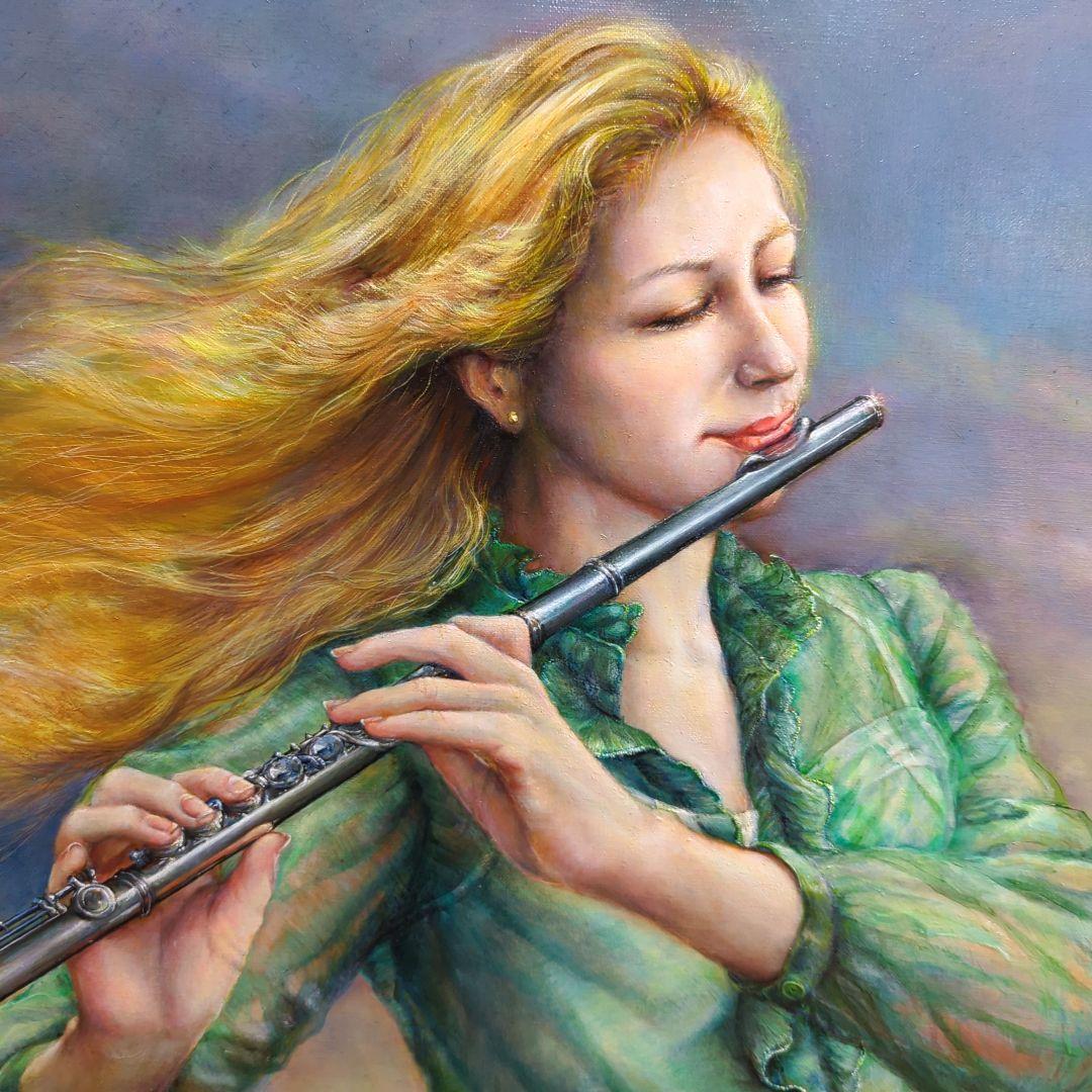 人物画　美人画　painterTMK真筆　フルート　女性人物画　油絵