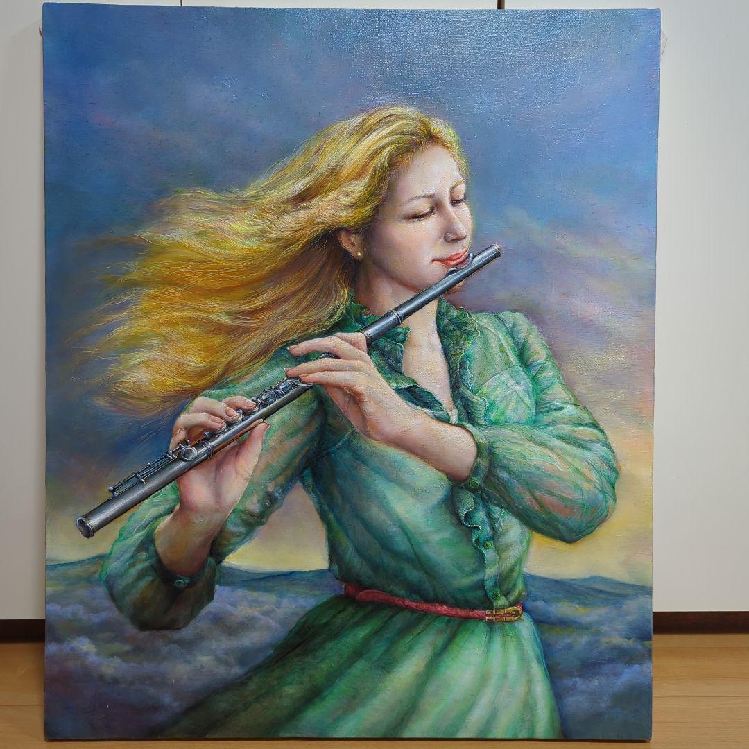 人物画　美人画　painterTMK真筆　フルート　女性人物画　油絵