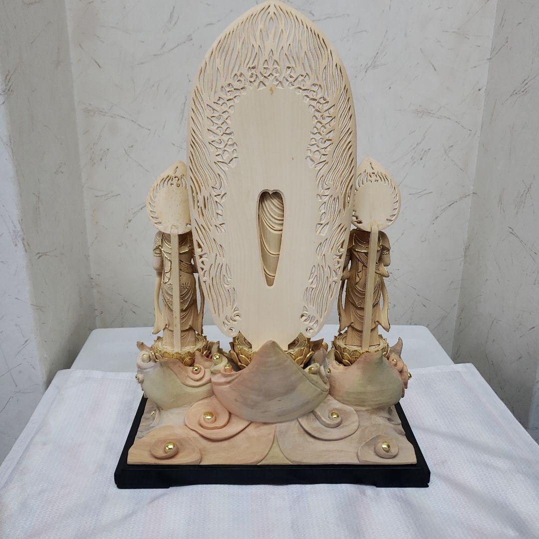 Ｂフライデー　仏像★伽耶材 阿弥陀如来三尊像6寸立★観音菩薩・勢至菩薩淡彩色錐金