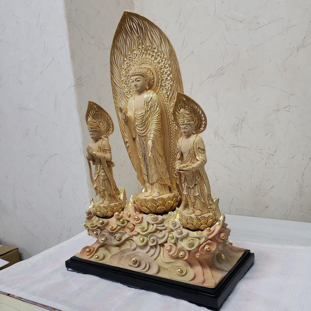Ｂフライデー　仏像★伽耶材 阿弥陀如来三尊像6寸立★観音菩薩・勢至菩薩淡彩色錐金