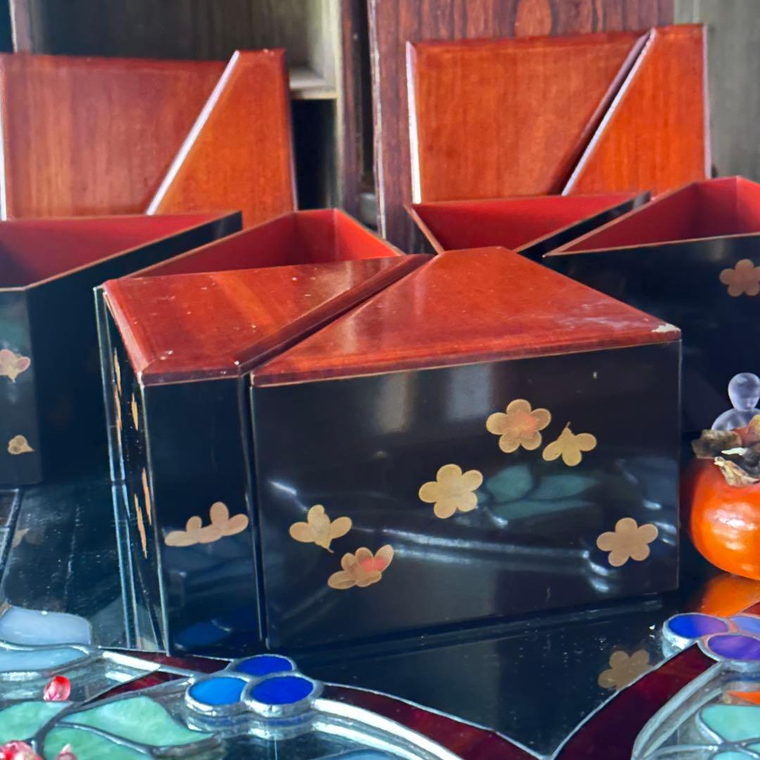 2213様感謝‼️総欅JAPAN蒔絵梅六点大名道具絵替り組子野弁当三対