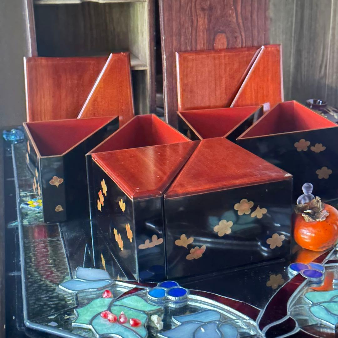 2213様感謝‼️総欅JAPAN蒔絵梅六点大名道具絵替り組子野弁当三対