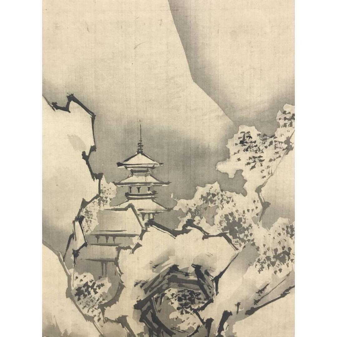 模写/狩野探幽/古画/山水人物図/雪景塔山水/掛軸☆宝船☆AK-641