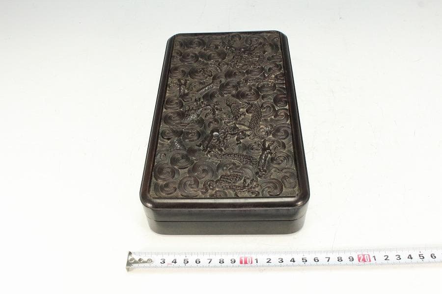 中国美術 紫檀 刻龍紋 四方蓋物(K-A834)
