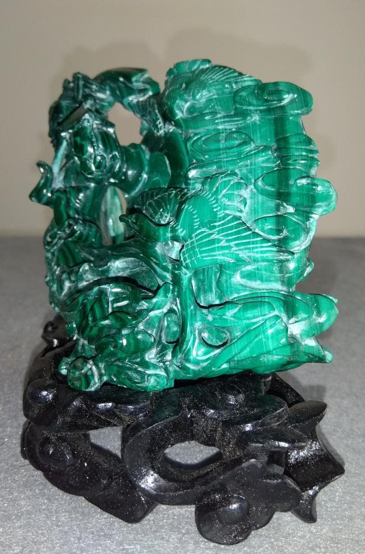 クジャク石【マラカイト】吉祥天女像台座 極細工 逸品 置物