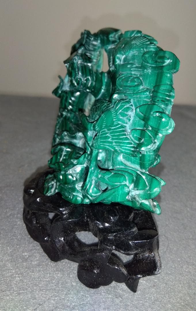 クジャク石【マラカイト】吉祥天女像台座 極細工 逸品 置物