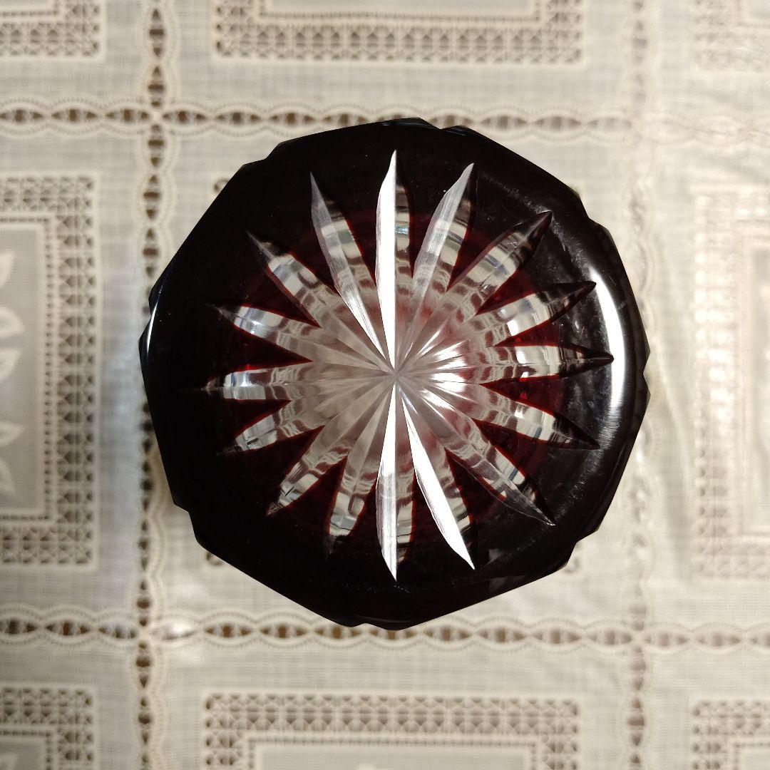 \"未使用\" ヤマザキガラス製　薩摩切子　南蛮赤　矢来、籠目　菊透かし紋様　グラス